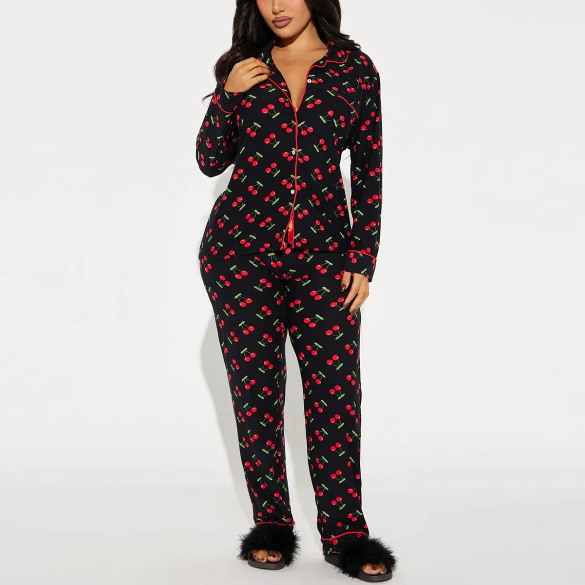 

Women Pajama Sets Print Lounge Blouses Underwear Single Breasted Blouses Loose Ankle Length Pant Casual 2025 Spliced Buttons