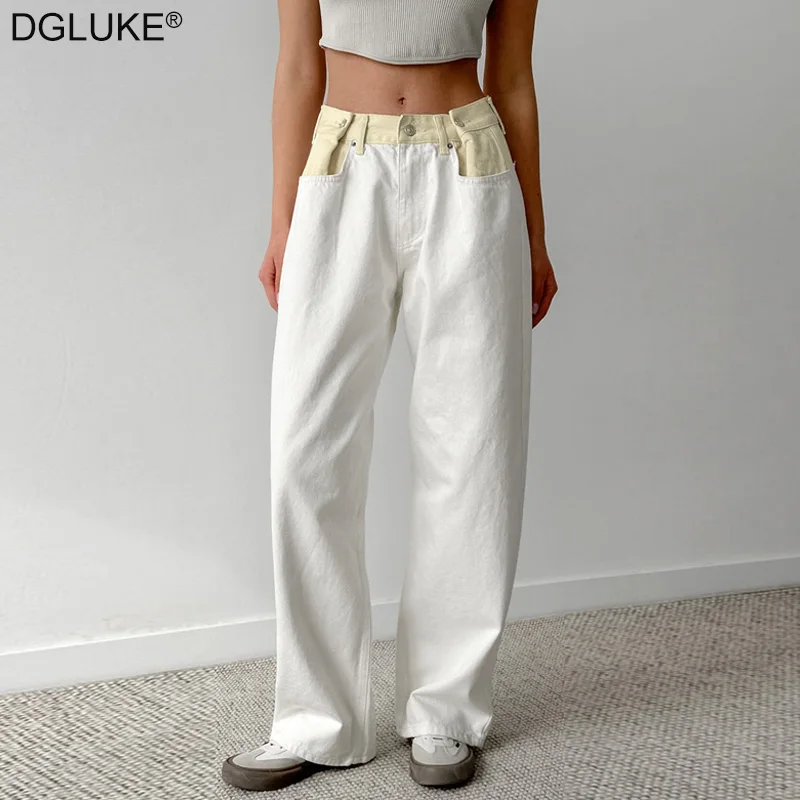 DGLUKE Color Block Y2K Pants Woman High Waist Cotton Denim Trousers High Street Straight Jeans Pants Autumn Winter 2024