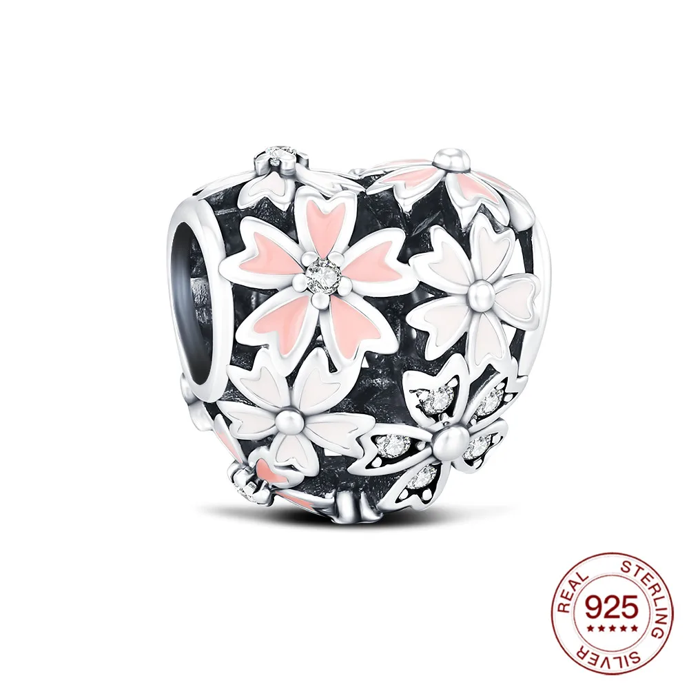 925 Sterling Silber Rosa Kirschblüten-Charms Naturanhänger Passend für Original-Armbänder DIY Schmuckherstellung für Frauen Geschenke