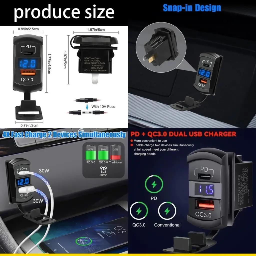 SZCH Double Port 12V 24V Car Charging Adapter 36W QC3 0 Fast With Type C PD And USB A Ports Display For All