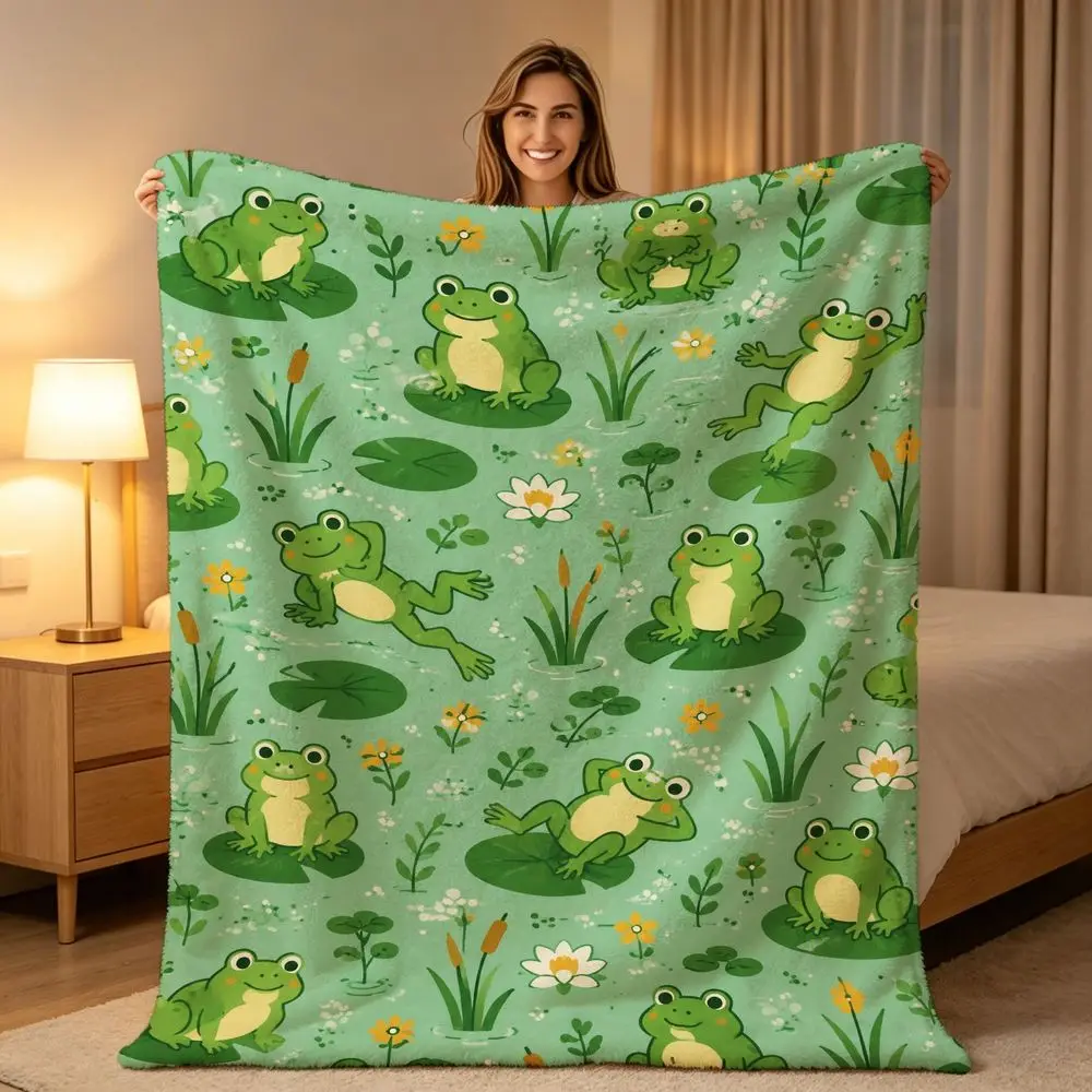 Cozy Fleece Throw Blanket Mint Green with Cute Cartoon Frogs on Lily Pads Pattern, Warm Lightweight Cozy Blanket for Sofa Bed Couch Travel Camping Indoor Outdoor Use