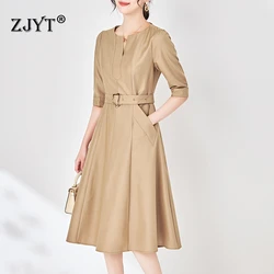 ZJYT Designer Elegant Office Lady Simple Dress Women 2024 Spring New Fashion Half Sleeve Khaki Casual Dresses Aline Vestidos