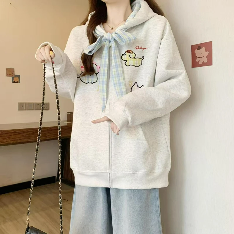 New Spring Autumn 2026 Fashion Dog Embroidery Sweet College Style Pattern Bow Cardigan Zipper Jacket Hooded Sweatshirt for Women