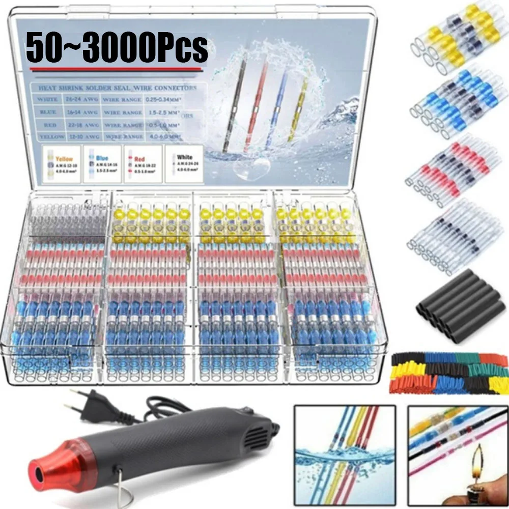 

50-3000Pcs Heat Shrink Butt Crimp Terminals Waterproof Solder Seal Electrical Butt Connectors Wire Cable Splice Terminal Kit