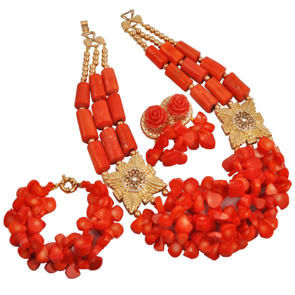 

Nigerian Orange Coral Beads Necklace Sets African Wedding Bridal Jewelry Sets