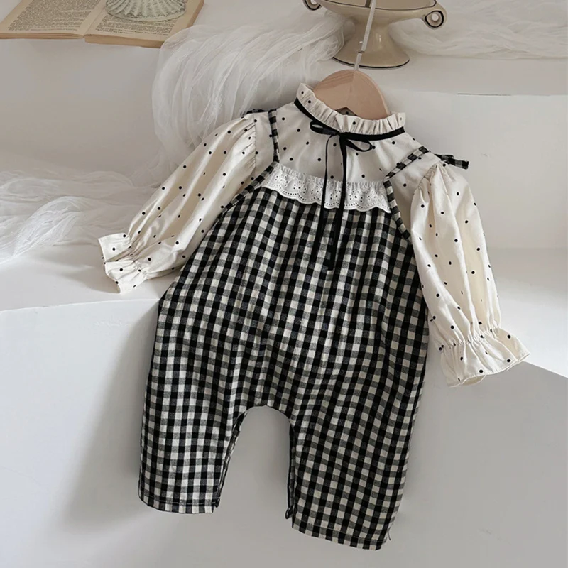 2024 New Autumn 0-24M Infant Baby Girls Clothing Set Long Sleeved Cotton Shirt Lattice Jumpsuits Toddler Baby Girl Clothes Suit