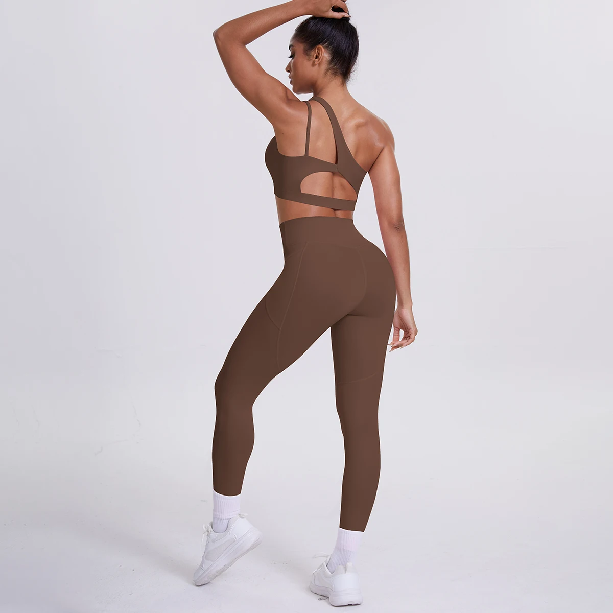 2-teiliges einfarbiges Sport-Yoga-Set für Damen, sexy, schräger Schulter-BH, Fitness-Top, Laufen, Radfahren, Taschen, Hosen, Fitnessstudio, Yoga-Set – Detail 5