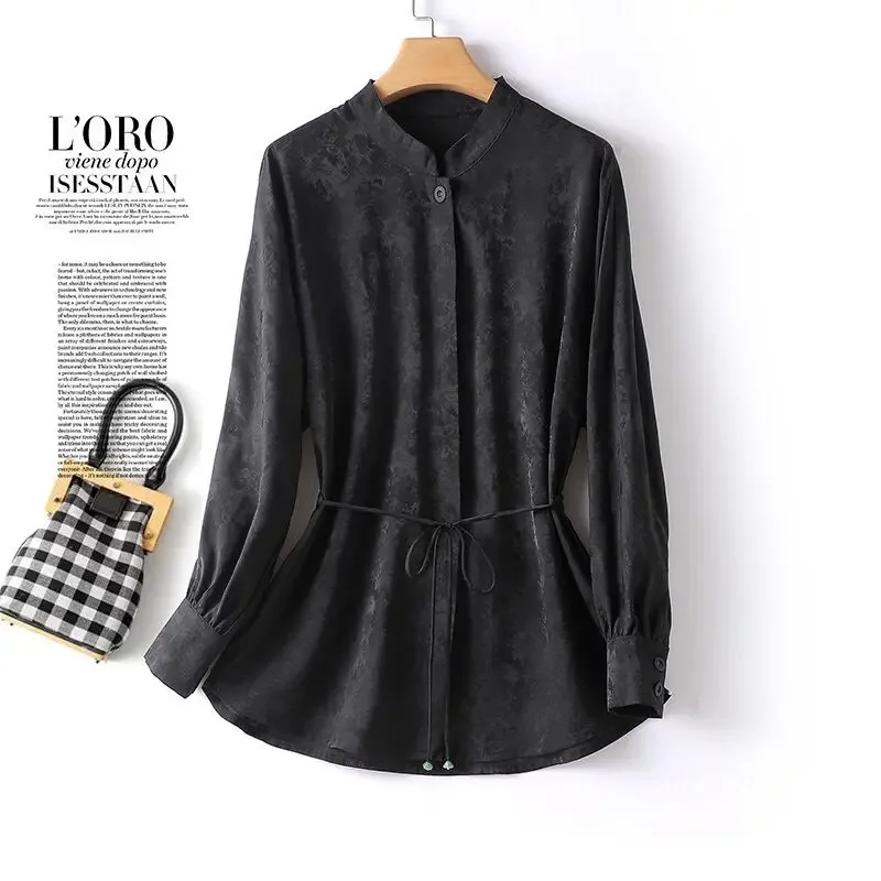 Blouse Women Chinese Style Yarn Silk Woman Shirts Long Sleeve Lace Up Black Jacquard Vintage Tops Versatile