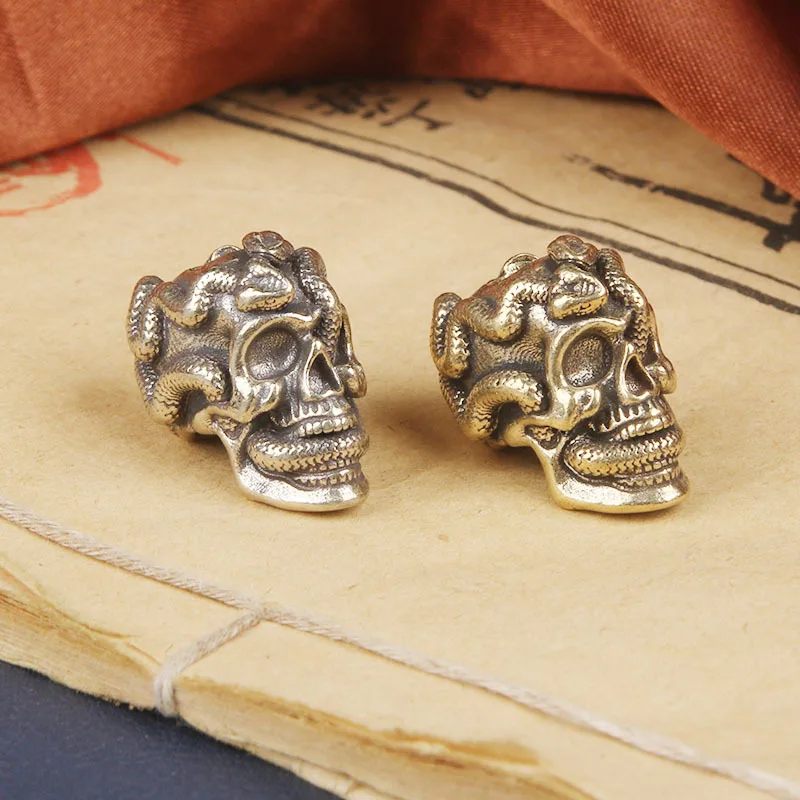 Pure Copper Double Snake Skull Paracord Pendant EDC Knife Pendant Skull Keychain Pendant Handmade