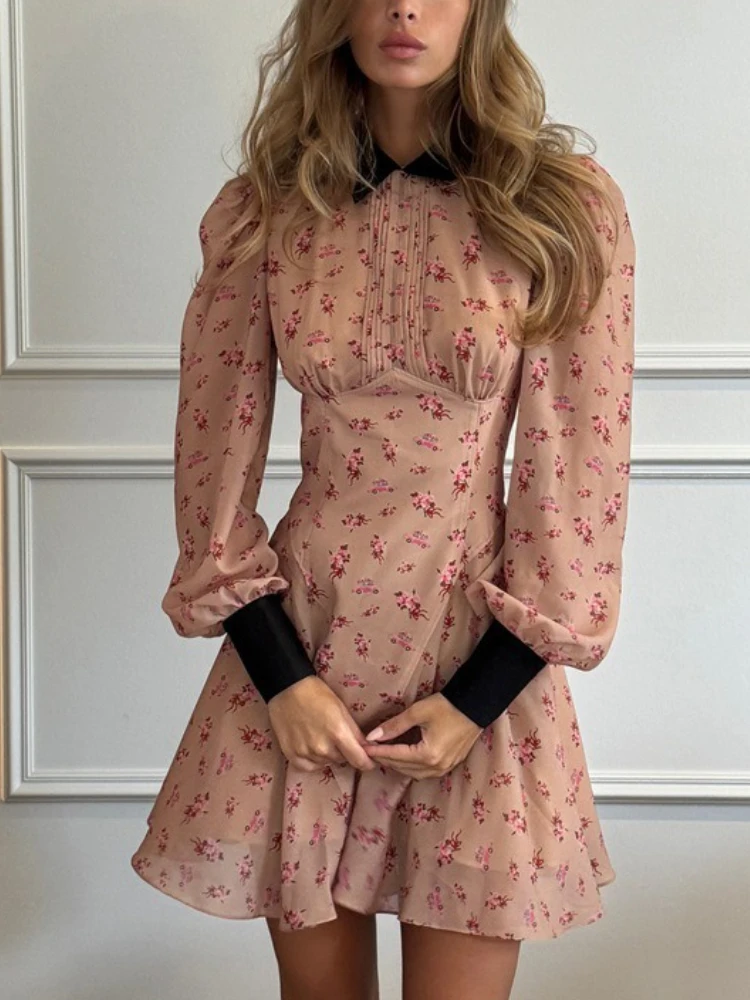 

Tossy Fashion Printing Contrast Mini Dress For Women Turndown Collar High Waist Pleats Shirt Sleeve Patchwork Women's Mini Dress