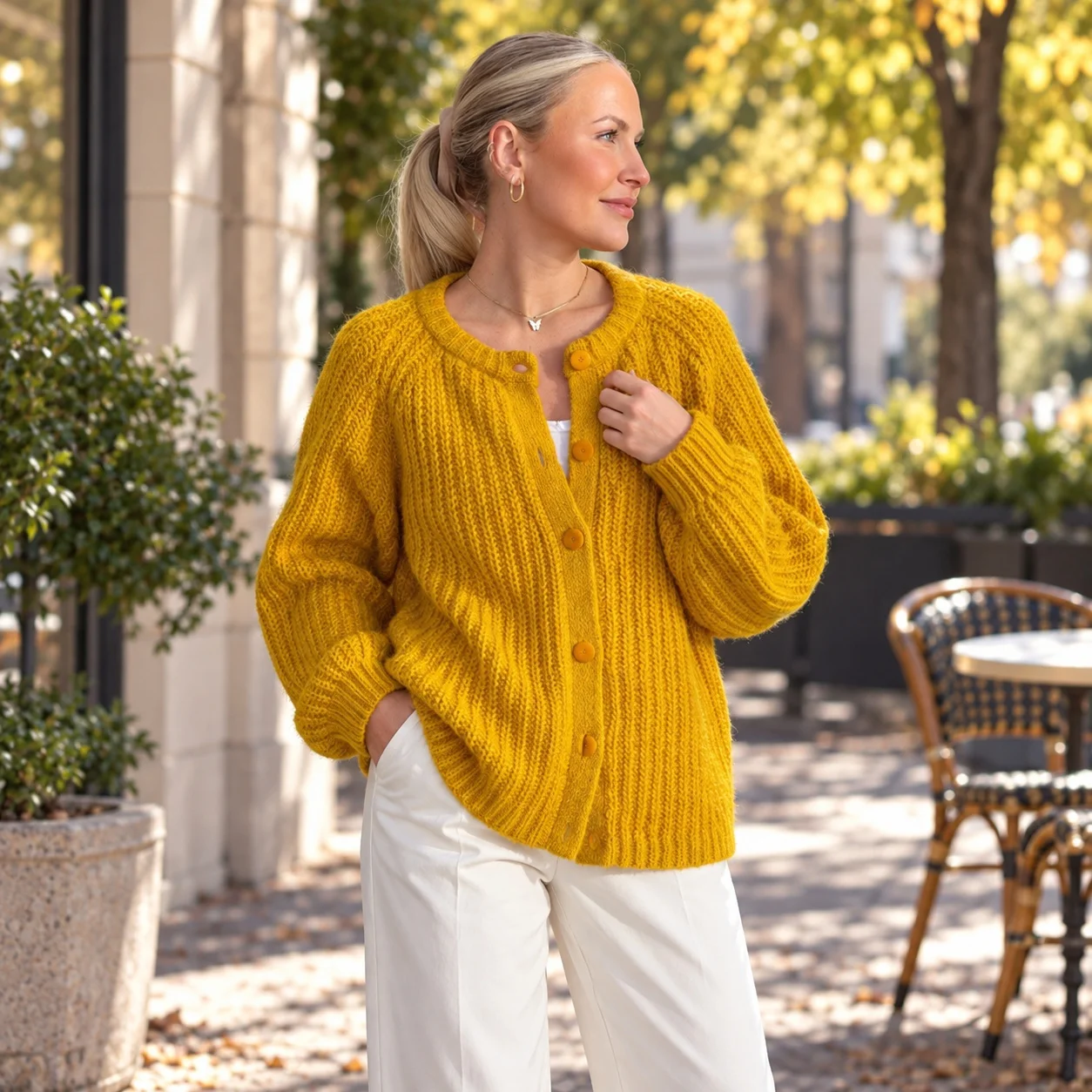 Button Front Round Neck Sweater Regular Length Elegant Professional with Open Front Single Breasted Spring Cardigan for Women