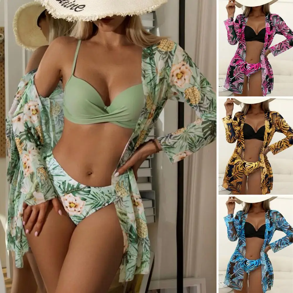 Women Three-piece Swimsuit Three Pieces Swimwear Floral Print Three-piece Bikini Set with High Waist Long Sleeve for Women