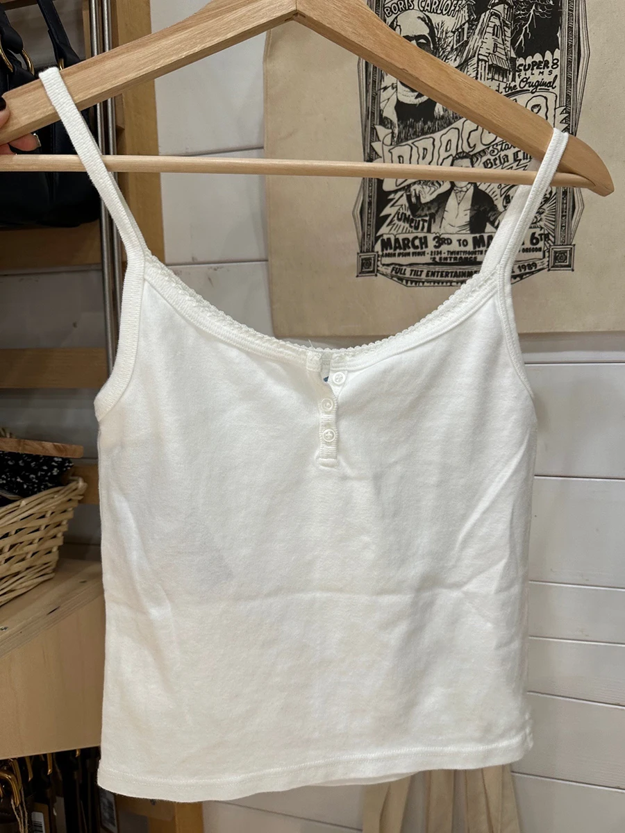 

White Lace Trim Crop Top Woman Summer Three Buttons Sleeveless Strap Full Cotton Camisole Fashion Sweet Cute Simple y2k tops