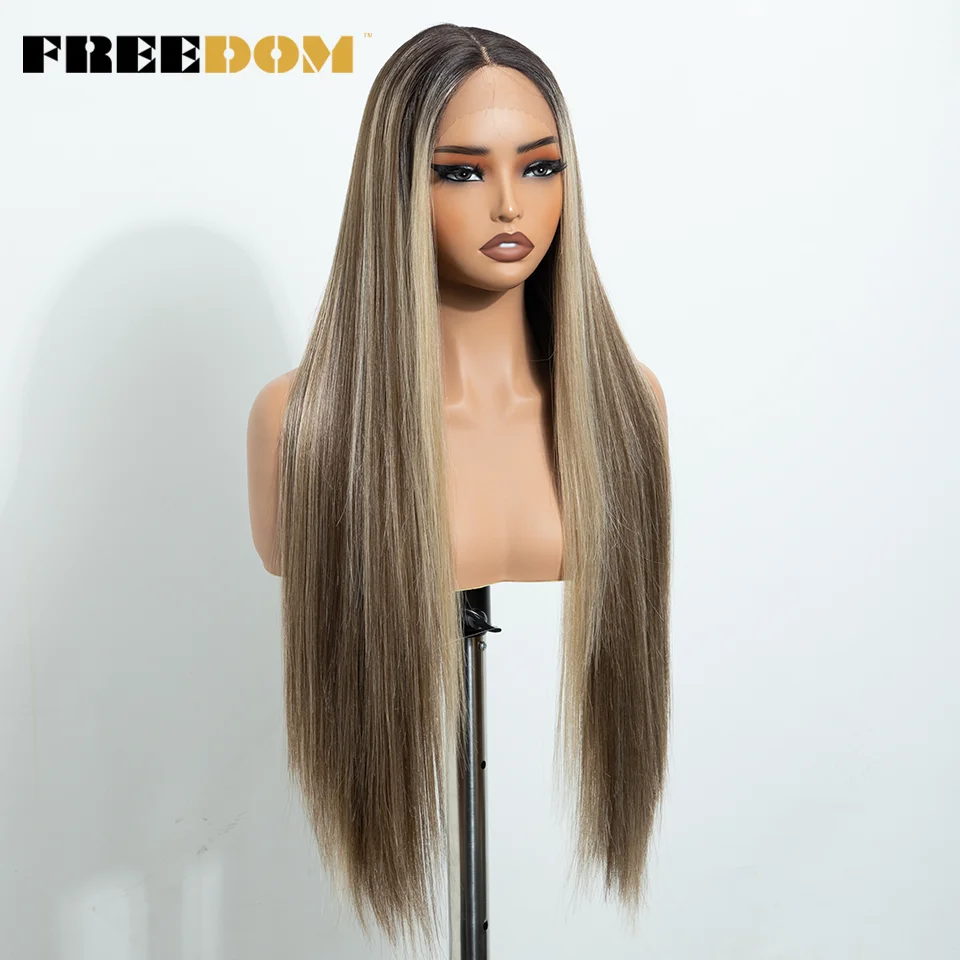 FREEDOM Synthetische Lace-Front-Perücken für Damen, 30 Zoll lang, glatt, Ombré-Braun-Blond, natürliche Lace-Perücke, vorgezupft, für den täglichen Gebrauch. – Detail 4