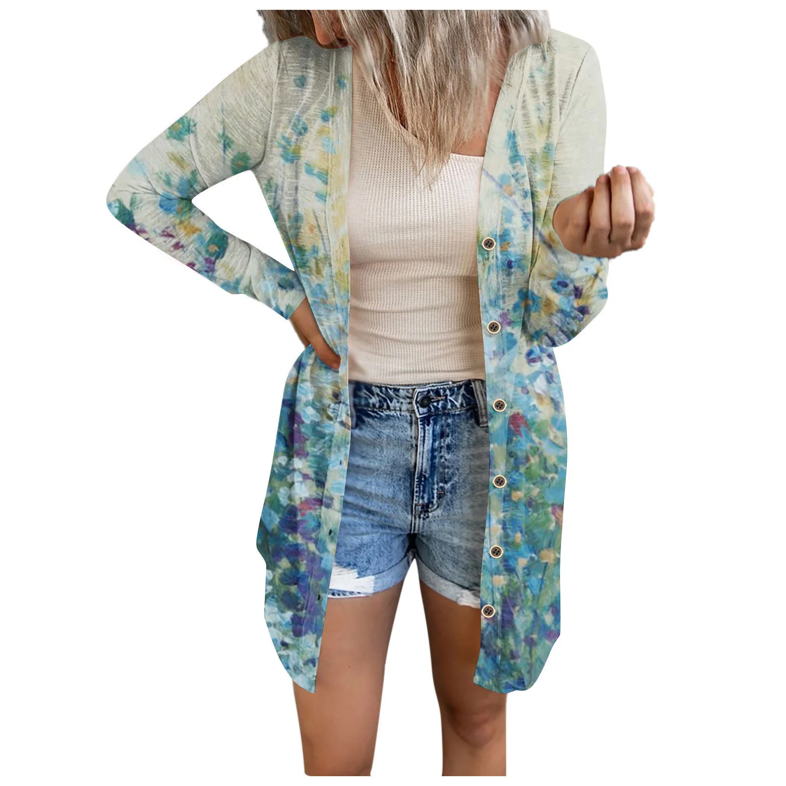 Spring Autumn Large Women's Flower Print Spliced Mid Length Cardigan Coat