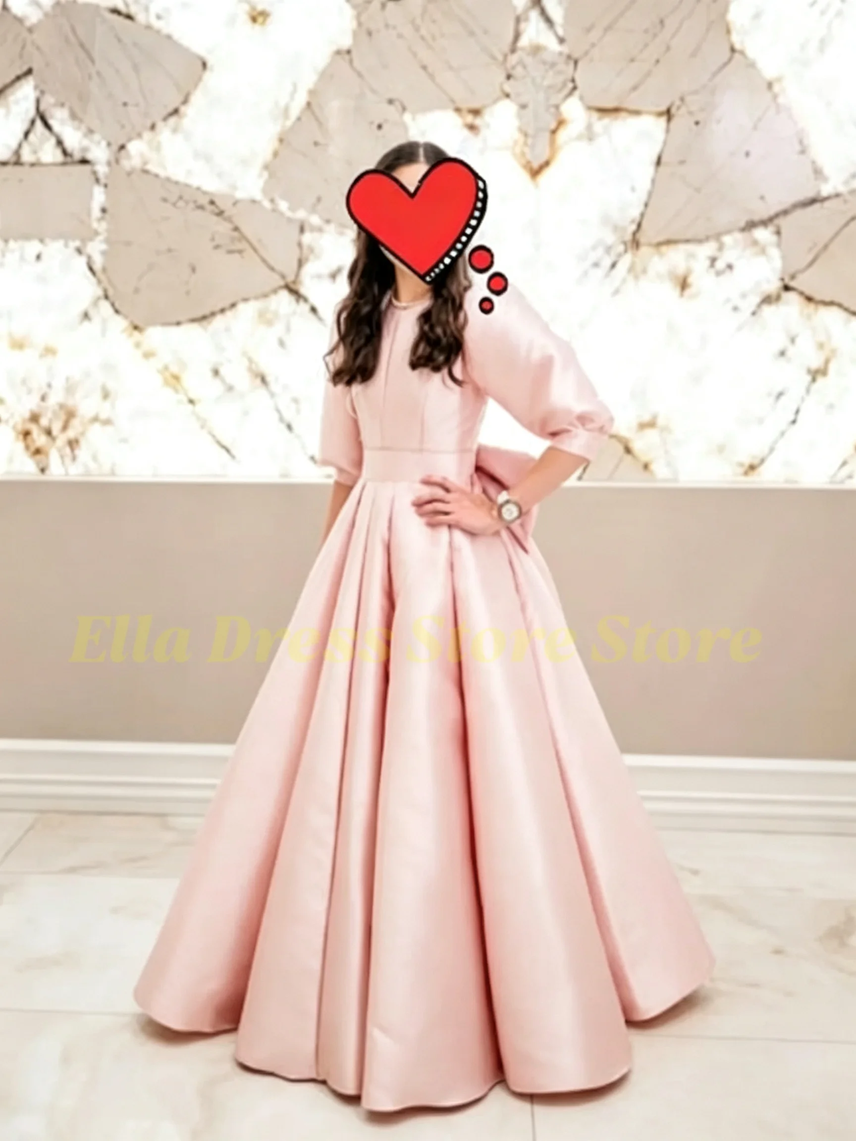 Großhandel Elegantes Rosa Satin-Blumenmädchenkleid mit Langen Puffärmeln für Kinder-Sakrament, Geburtstag, Brautjungfernkleid nach Maß – Detail 1
