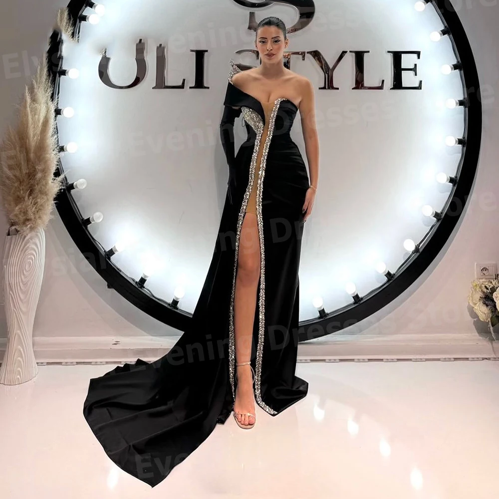 Sexy Schwarz Meerjungfrau frauen Abendkleider Eine Schulter Prom Kleider Ärmellose Party Angepasst Side Split Vestidos Para Mujer