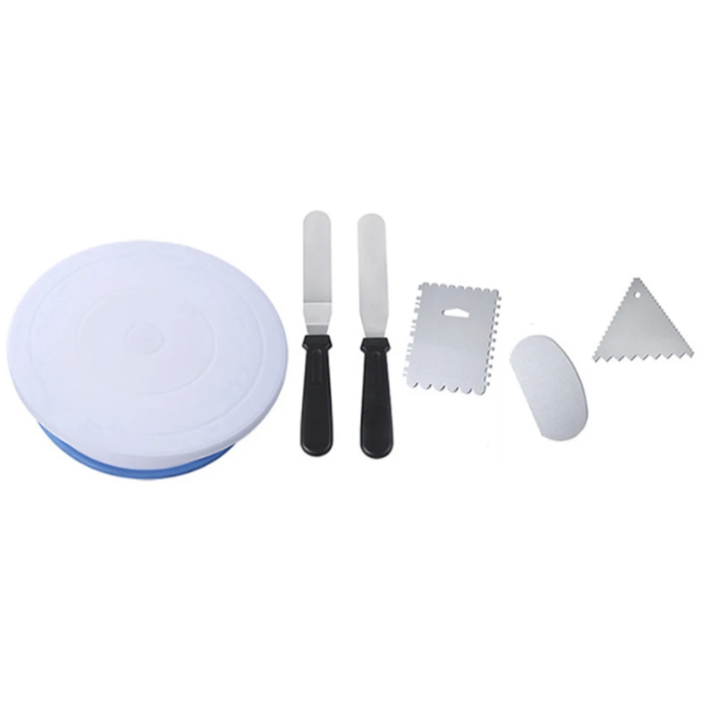 

6pcs Cake Baking Tool Set 6 Inches Spatula Aluminum Scraper Turntable Blue Base Decorate Moulds Professional Home Use