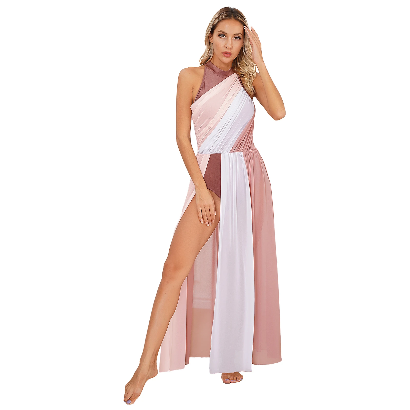 Vrouwen Moderne Lyrische Dans Jurk Ballet Gymnastiek Schaatsen Prestaties Danskleding Mouwloze Sheer Mesh Split Turnpakje Maxi Jurken