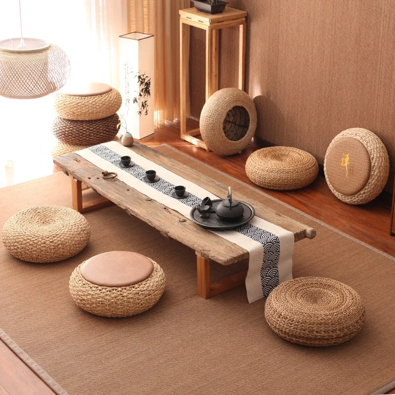 Modern Knitted Round Pouf Ottoman Stool Leather Seat Pad Floor Yoga Meditation Straw Tatami Furniture