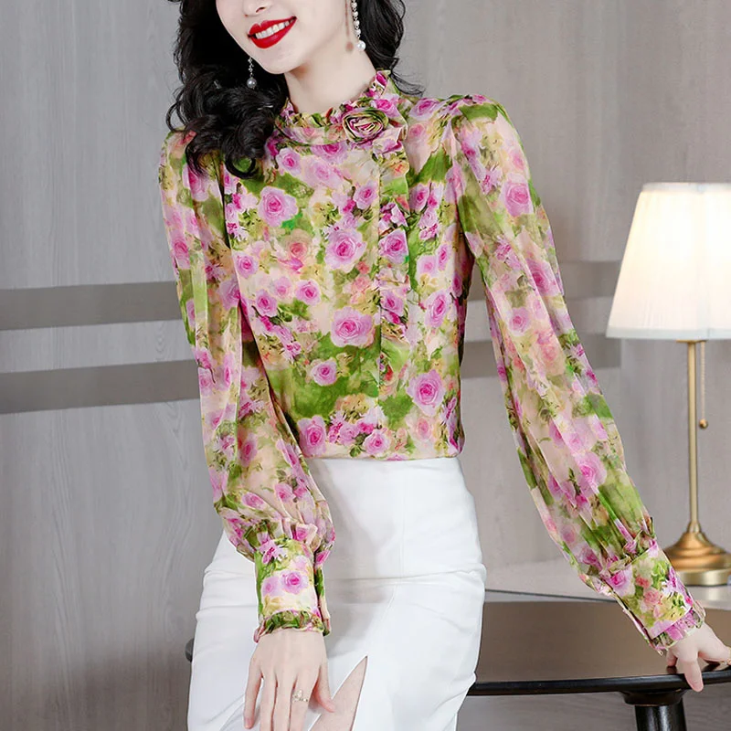 #2543 Floral Printed Blouse Women Ruffles Collar Vintage Blouse Femme Lantern Long Sleeve Retro Ladies Tops And Blouses Spring