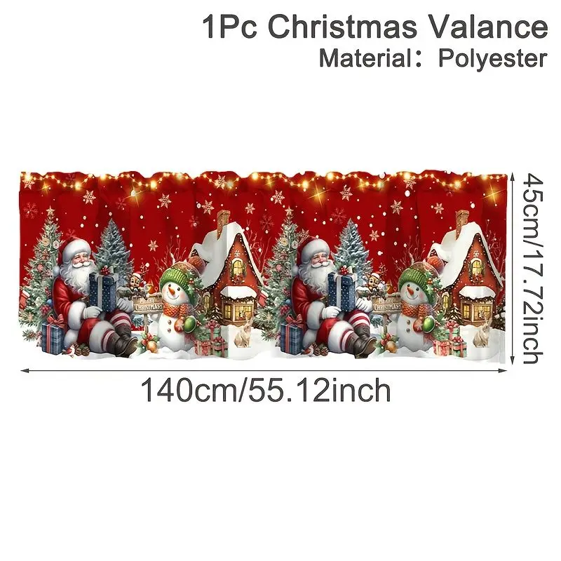 VIKAMA Christmas Window Valance Santa Snowman Xmas Tree Gift Print Short Curtain Kitchen Window Holiday Festive Rod Pocket