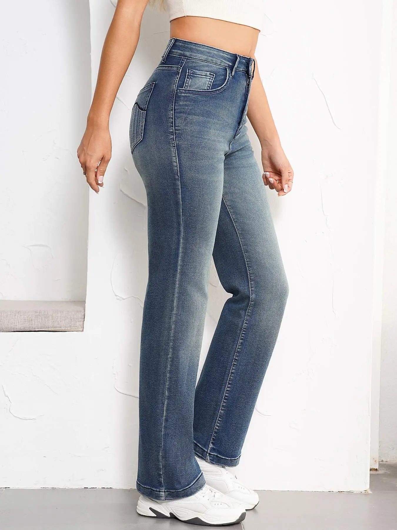 Damen Vintage Jeans Mid Rise Stretch Slim bestickte Jeanshose mit weitem Bein Western Cowgirl Boot Jeans