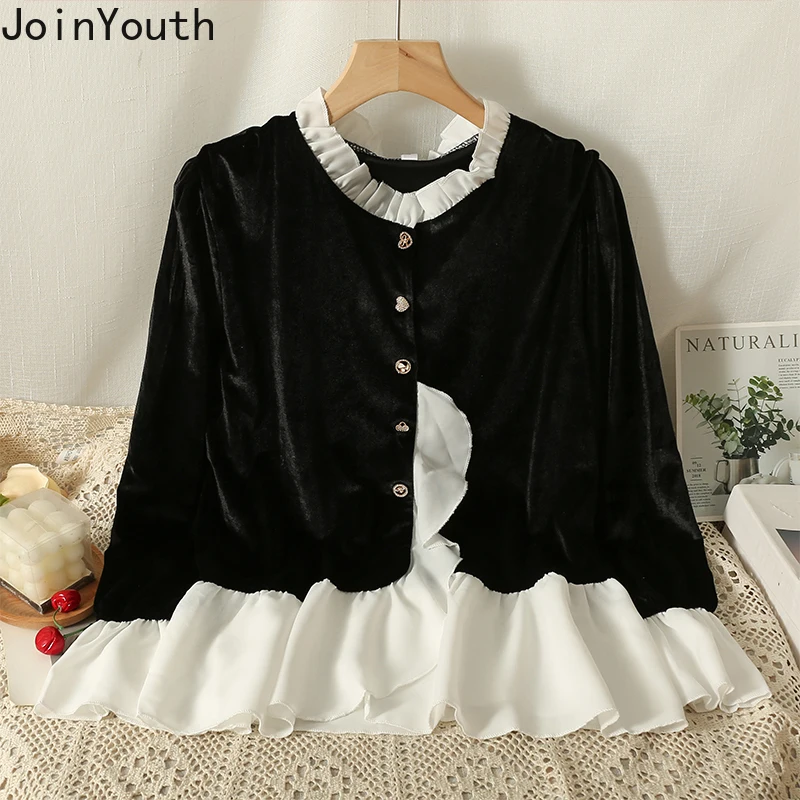 Vintage Blouse Women Black Velvet Patchwork Ruffles Shirts 2023 Blusas Mujer De Moda Crop Tops Tunic Long Sleeve Fashion Blouses