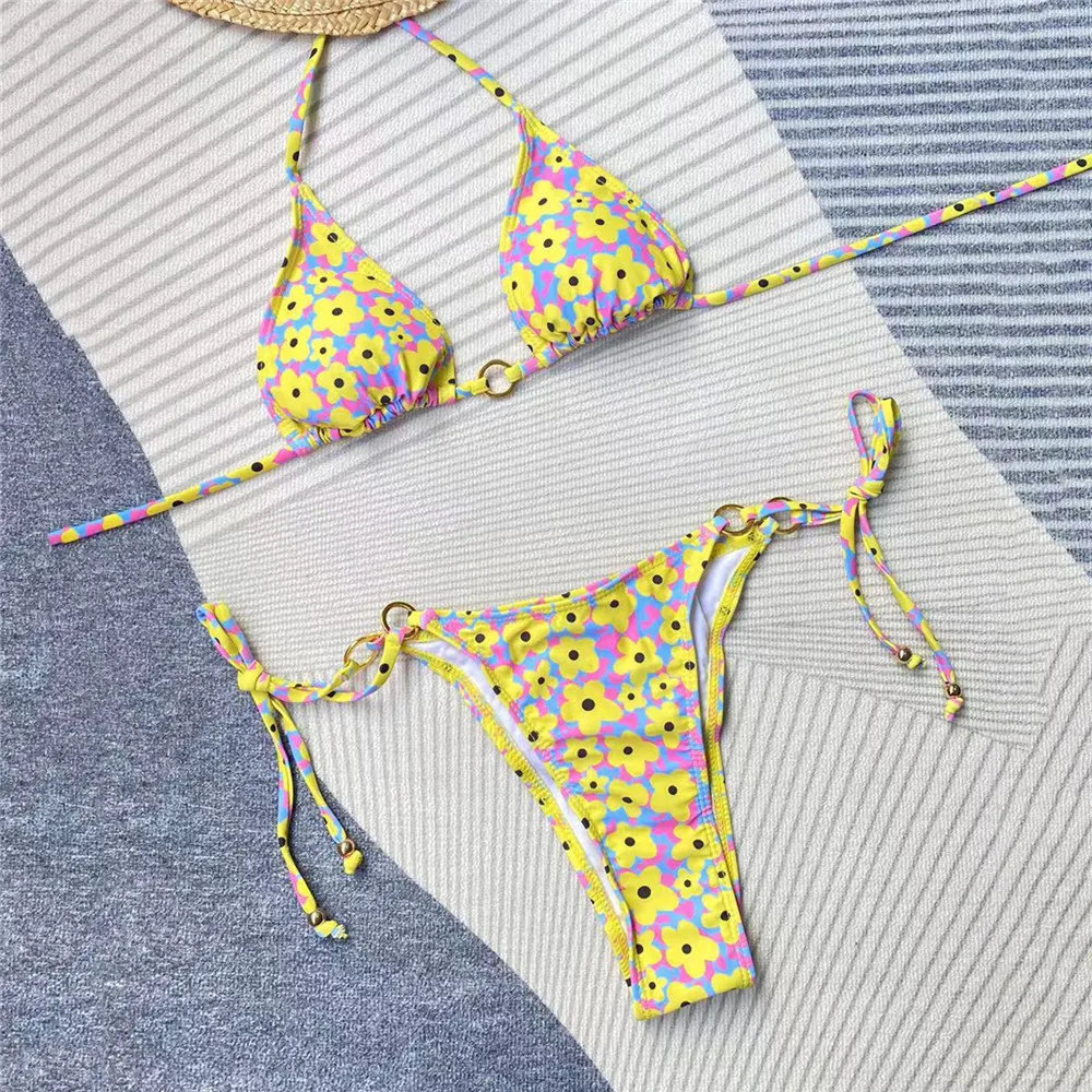 Sexy Yellow Floral Print Push Up Swimsuit Micro Thong Bikini 2024 Women String Halter Swimwear Bathing Suit Biquinis Bikinis Set