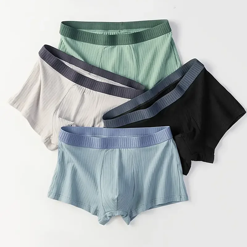 4-Piece Cotton Men's Fashionable Boxer Shorts, Personalized Striped Solid Color Underwear, Men's Close Fitting Boxer Shorts
