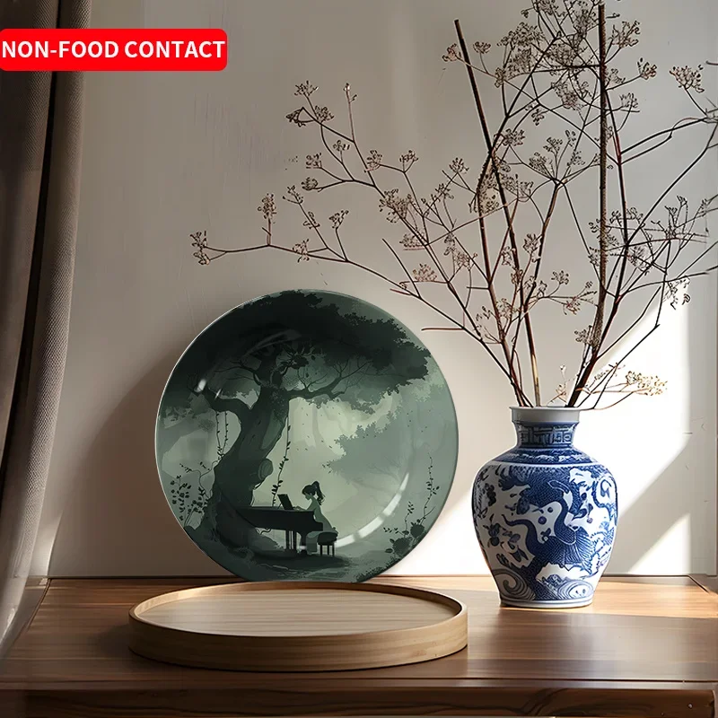 1pc Elegant Piano Under Tree Ceramic Decorative Plate - Serene Piano Player, Pastel Colors, Non-Food Contact Safe for Living
