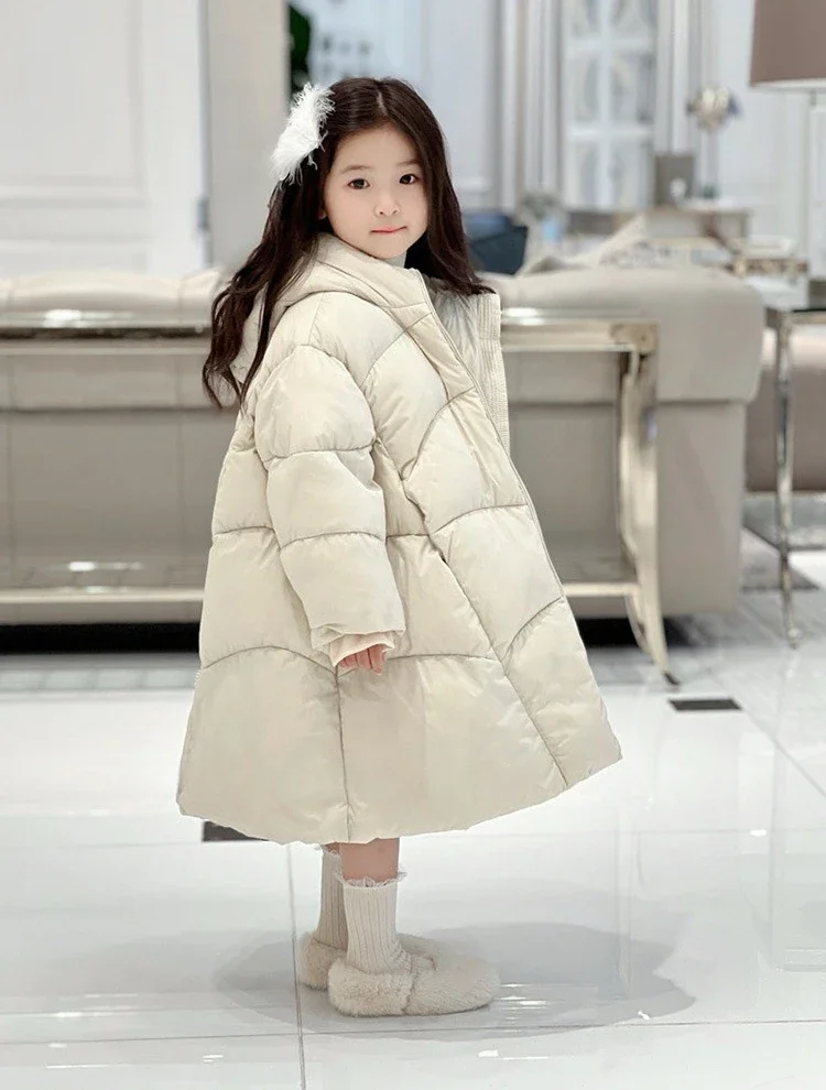 

2025 New Girls Korean Oversized Long Puffer Coat Knee-Length Hooded Thickened Winter Jacket Warm for Big Kids