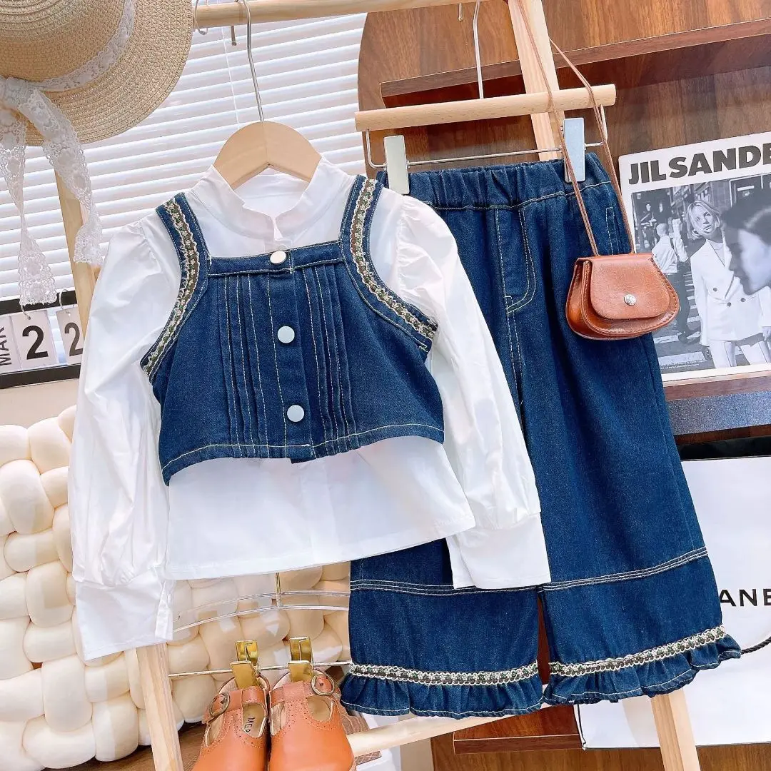

Baby Fashion Casual Suit New Girls Denim Strappy Sets Spring Autumn Children's Long-Sleeved Sweet Three-Piece3-7 Years Old