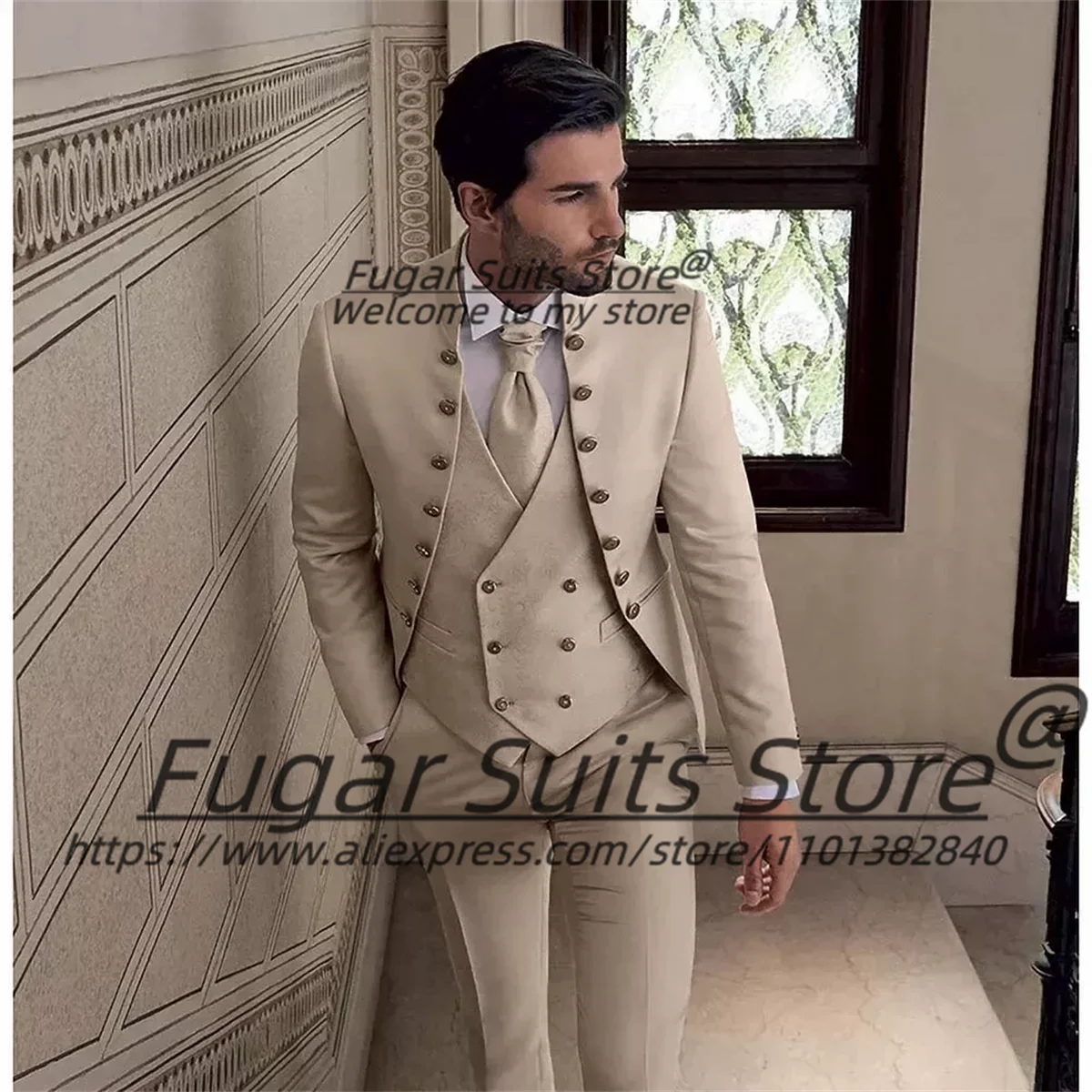 

Деловые бежевые мужские костюмы по индивидуальному заказу, облегающие костюмы для банкета, свадьбы, жениха, принца, формального выпускного вечера, мужские смокинги, комплекты из 3 предметов, костюм Homme