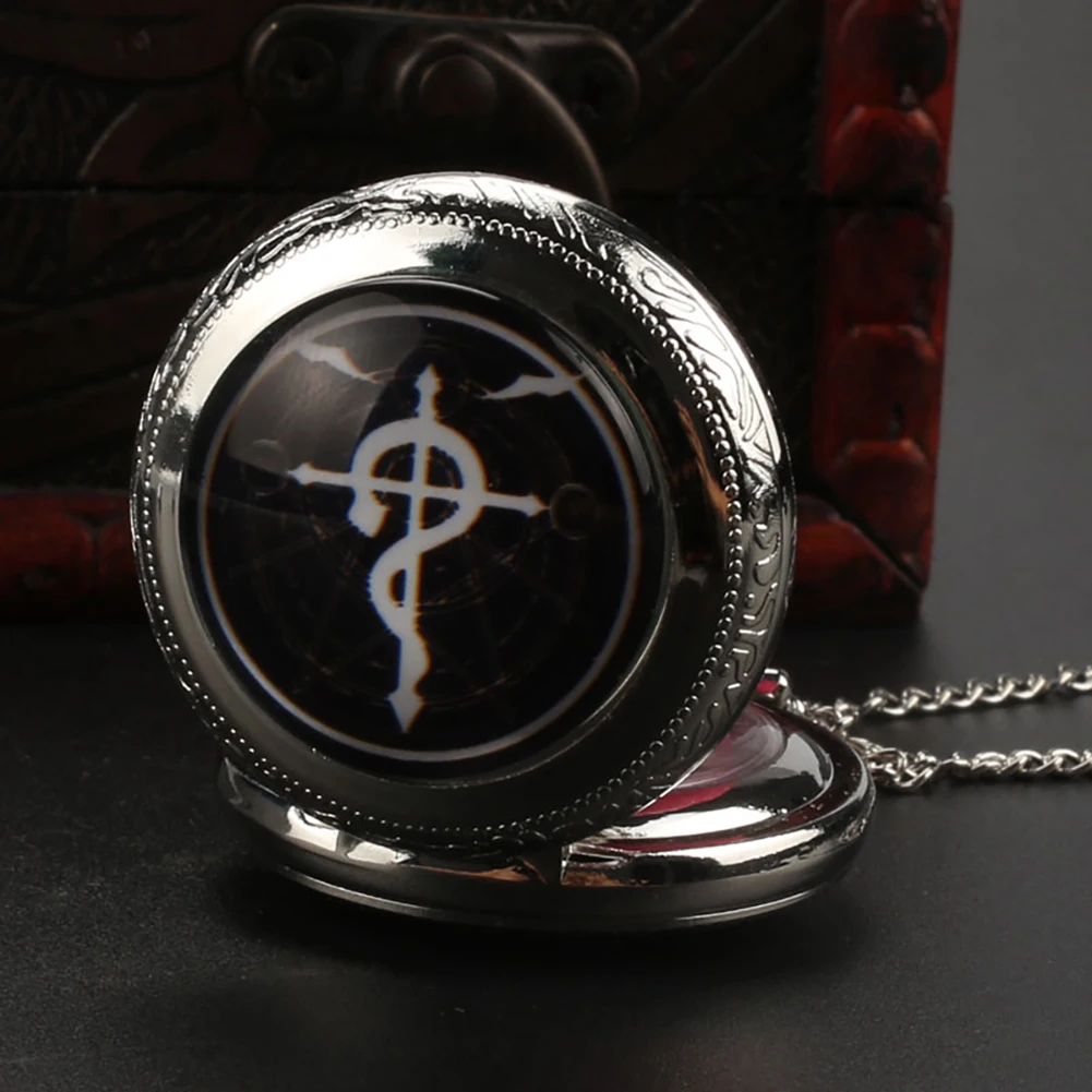 Reloj de bolsillo de cuarzo Alchemist de bronce para hombre y mujer, diseño de colgante de collar de cúpula de alquimia de Metal completo de tamaño mediano, reloj de Anime japonés