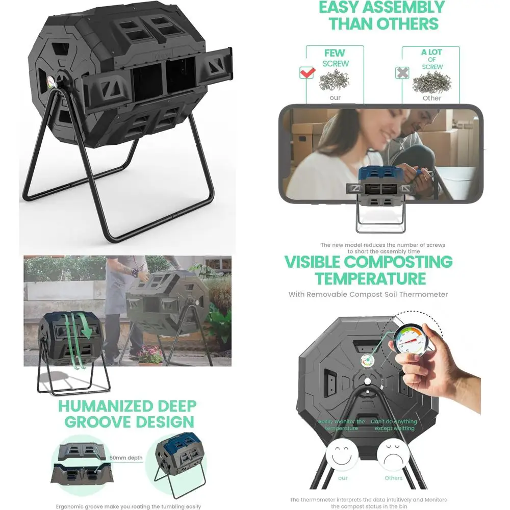 

Advanced Dual-Chamber Tumbling Composter with Temperature Gauge - 43 Gallon Black Garden Compost Bin