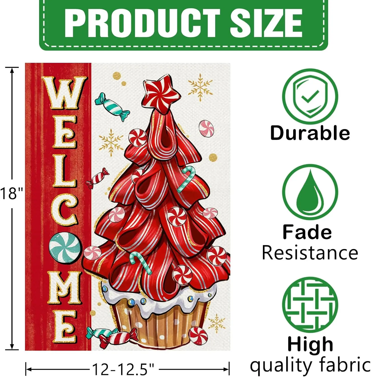 Dyrenson Welcome Christmas Tree Decorative Garden Flag, Red Xmas Cupcake Peppermint Candy Yard Outside Home Decorations, Holiday