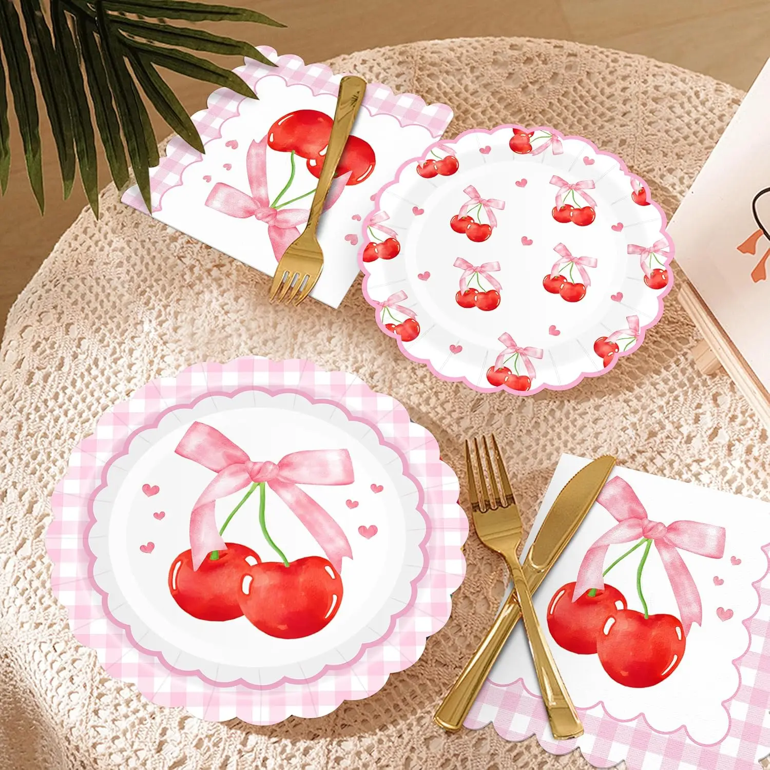 Süßes Kirsch-Party-Einweggeschirr, rosa Schleifen-Gingham-Teller, Becher, Servietten für Mädchen, alles Gute zum Geburtstag, Prinzessin, Babyparty – Detail 4