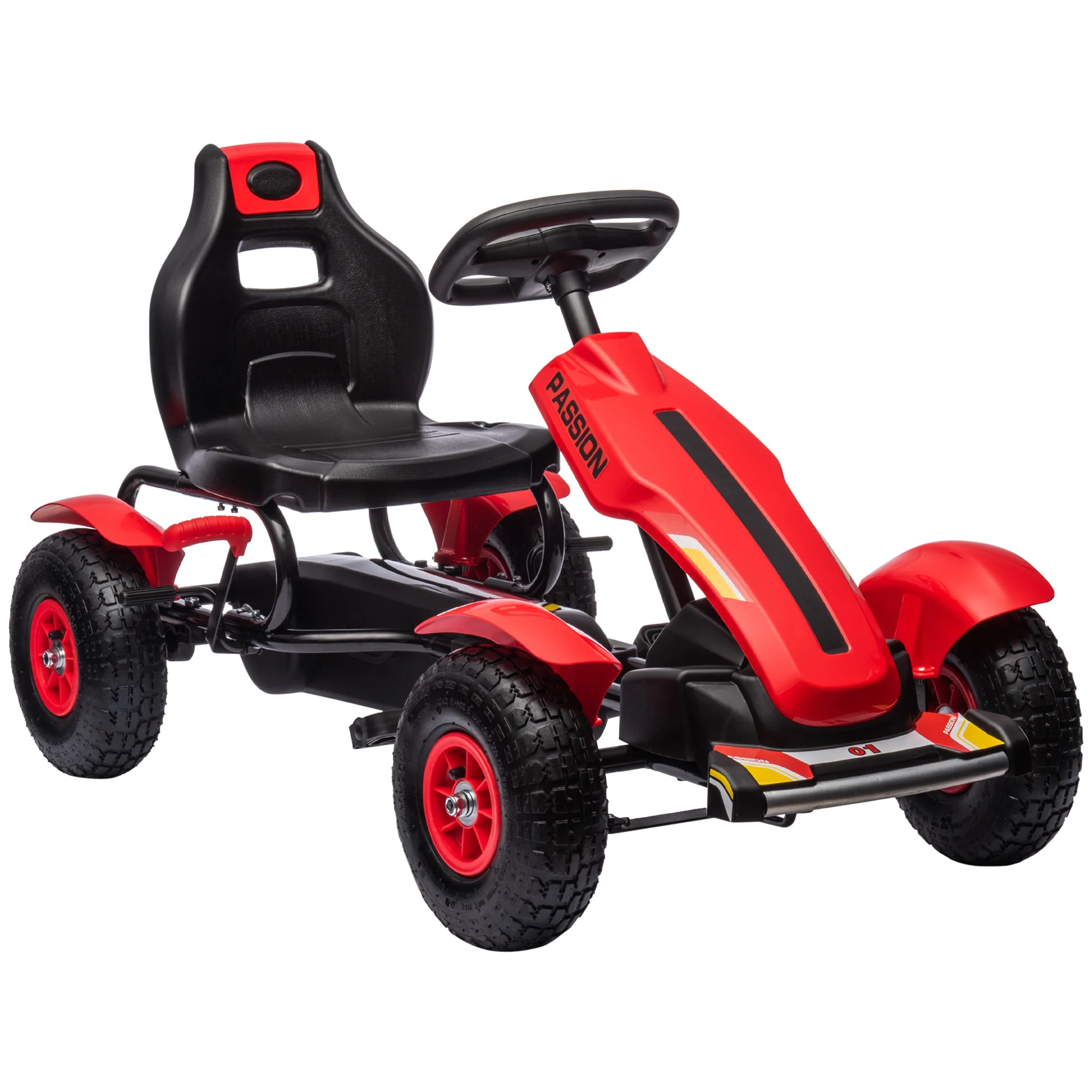 

Red Black Pedal Go Kart for Kids 5 12 3 Position Seat Handbrake Freewheel Inflatable Wheels Suspension 110Lbs