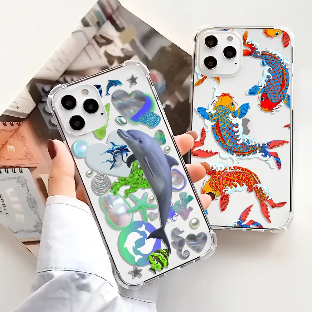 Fashion Dolphins Koi Fish Phone Case For iPhone 15 14 13 12 11 Pro X XS XR Max 7 8 Plus SE 2022 Mini Soft Clear TPU Back Cover