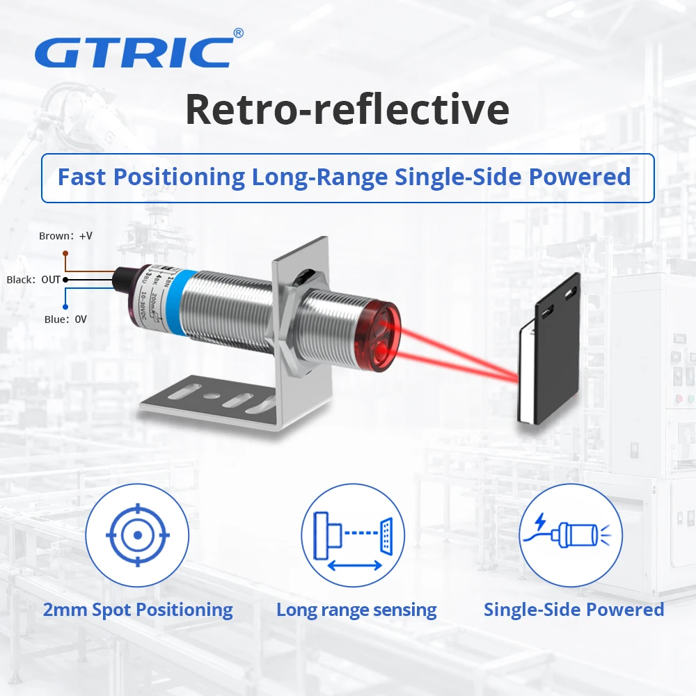 GTRIC Laser Photoelectric Sensor Retro-reflective M12/M18 Series 12-24V NPN PNP Visible Spot 2mm Sensing Distance 6/8M Adjustabl