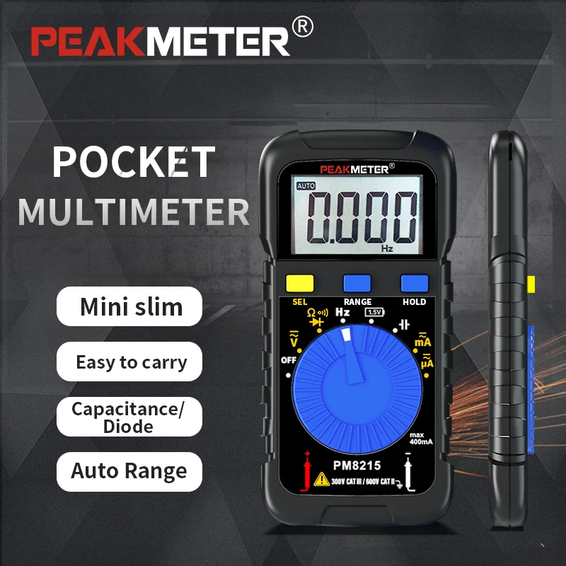 Peakmeter PM8215 Portable 600V Voltage 400mA Current Pocket Digital Multimeter 4000-count Display Auto Power Buzzer Diode