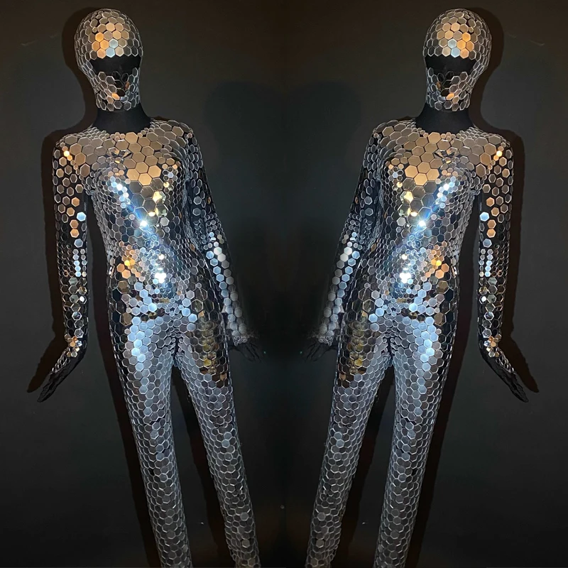 ชุดจั๊มสูทเต็มตัวแบบมีกระจกเงาสำหรับผู้ชายและผู้หญิง ชุดเต้นโพลแดนซ์สำหรับผู้ใหญ่ ชุดเรฟ ชุดบาร์ ชุดโกโก้ ชุดแสดงบนเวที ชุดคลับแวร์ ชุดกระจกเงา