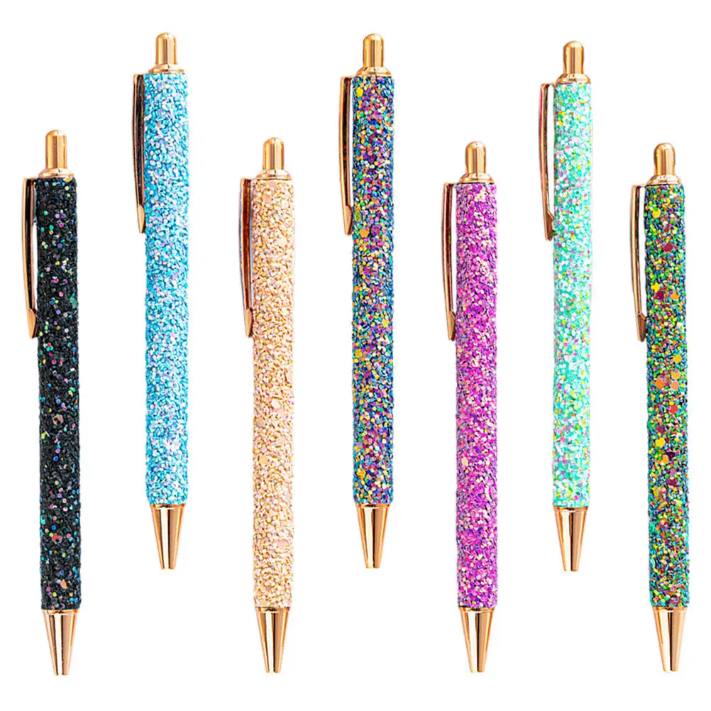 7Pcs Push Button Round Ballpoint Pens Metal Glitter Design Office School Daily Use Writing Pen Pens Household Writing Pen