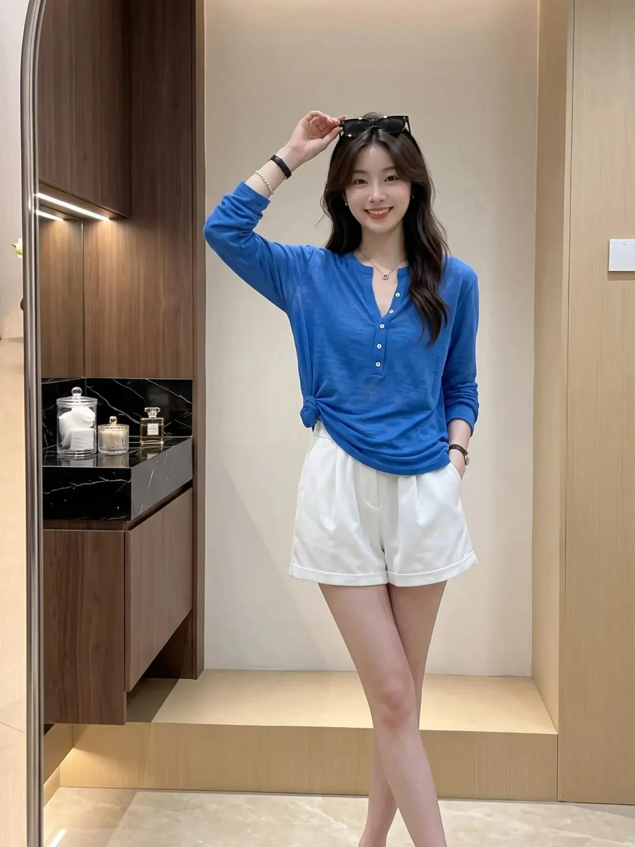 Ultra Soft Skin-Friendly Klein Blue Thin Long Sleeve T-Shirt Women's Early Autumn New Style Henry Collar Cover up Top
