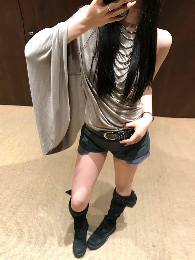 Weird Puss Slanted Shoulders t-Shirt Women One-Sided Flare Sleeve Folds Solid Skinny Simple Classic Street Leisure Chic Outfit