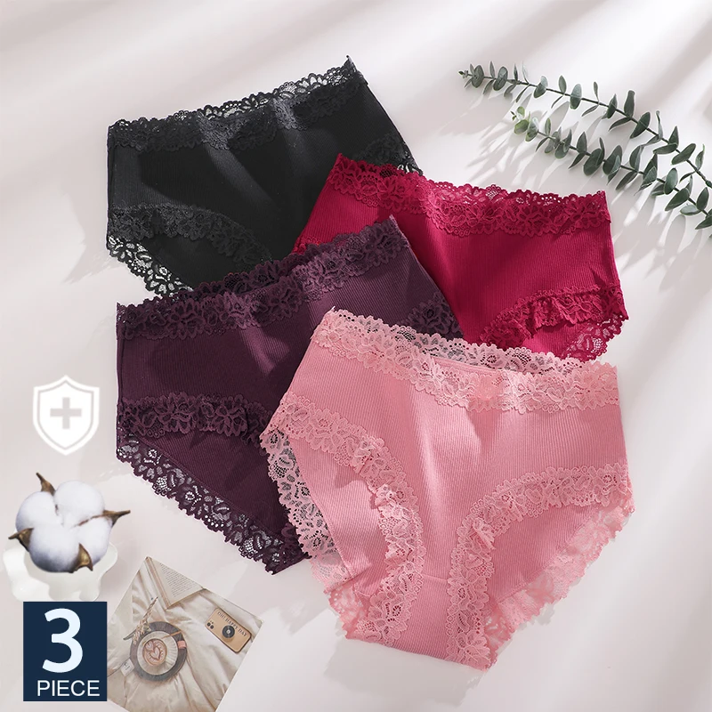 FINETOO 3 Stück Sexy Spitzen-Baumwoll-Slips für Damen, Blumenmuster, Nahtlose Slips mit Hohem Bund, Atmungsaktive Weiche Unterwäsche