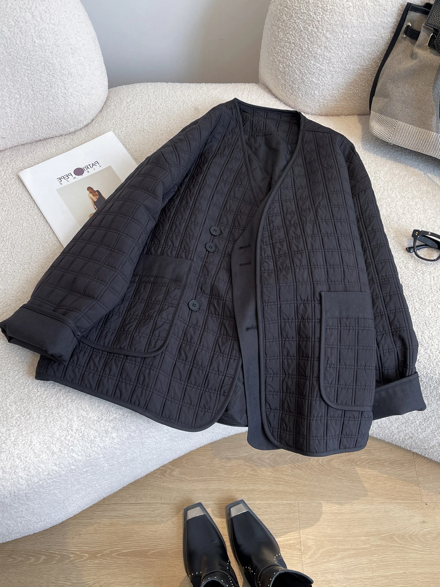 

Bla Heavyweight Retro Diamond Pattern Cotton Jaet Loose Women's Sle Faionable Lazy Top for Autumn Winter