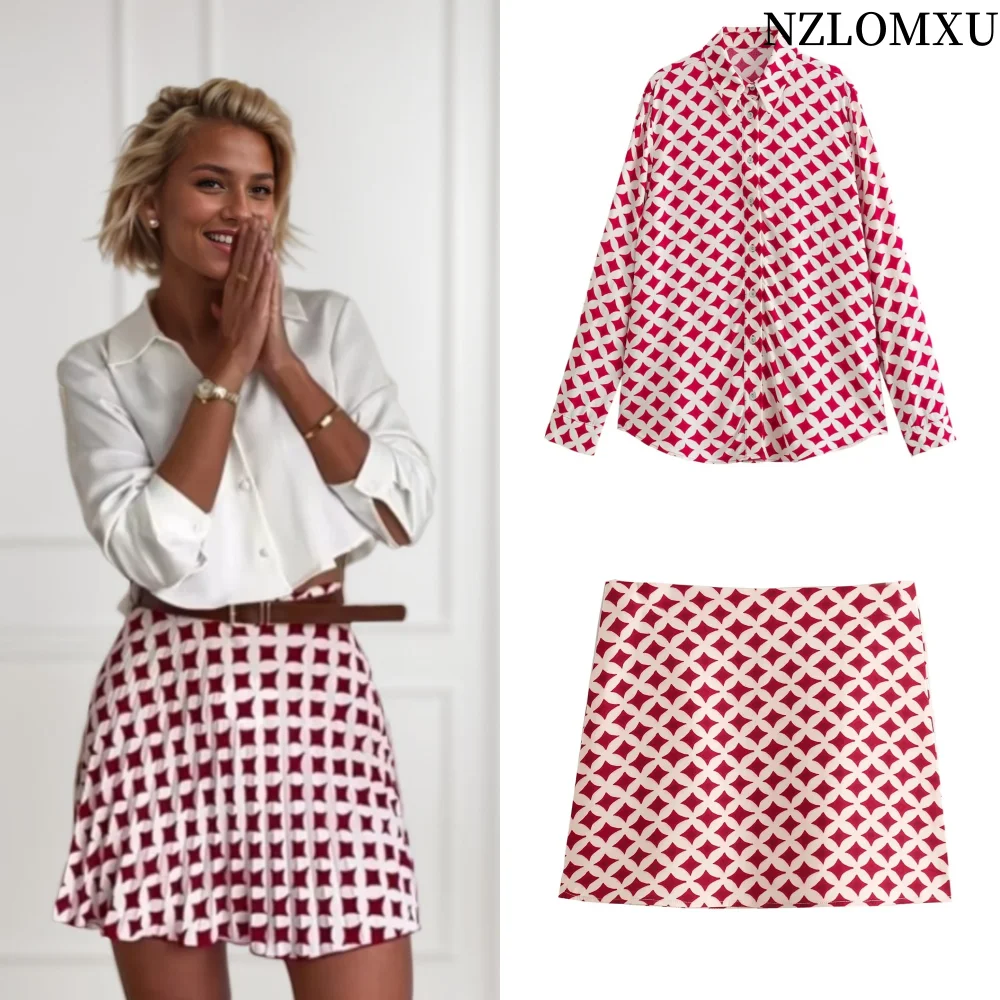 

2024 Summer New Product Women's Fashion Casual Polo Collar Long sleeved Printed Shirt High Waist Mini Skirt Set