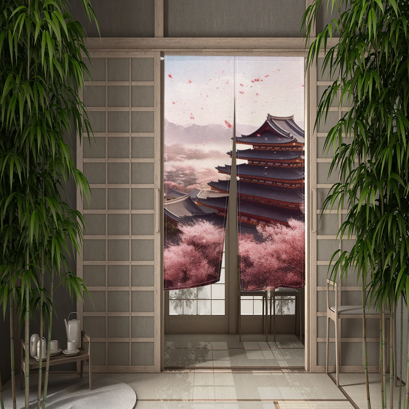 Japanese Noren Split Door Curtain Sakura Mount Fuji Bridge Tower Landscape Doorway Curtains for Kitchen Entrance Half-curtain